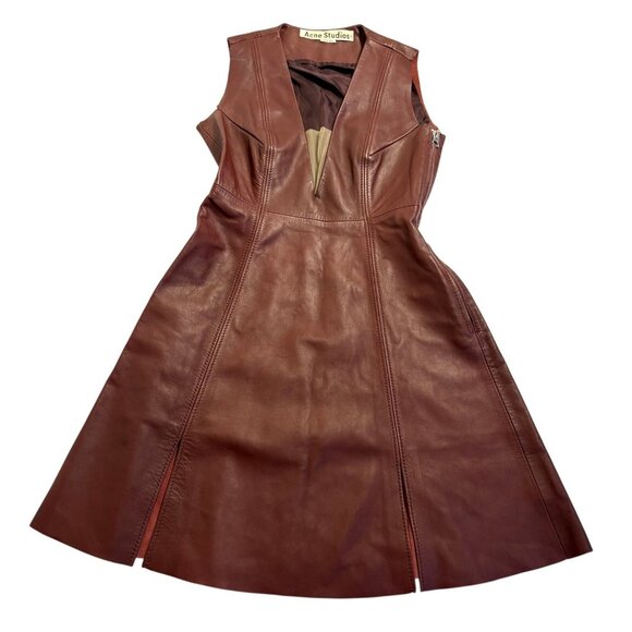 Acne Studios Lavern Flared Leather Dress in Red Wine